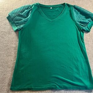 Green V-Neck Top with Sheer Sleeves